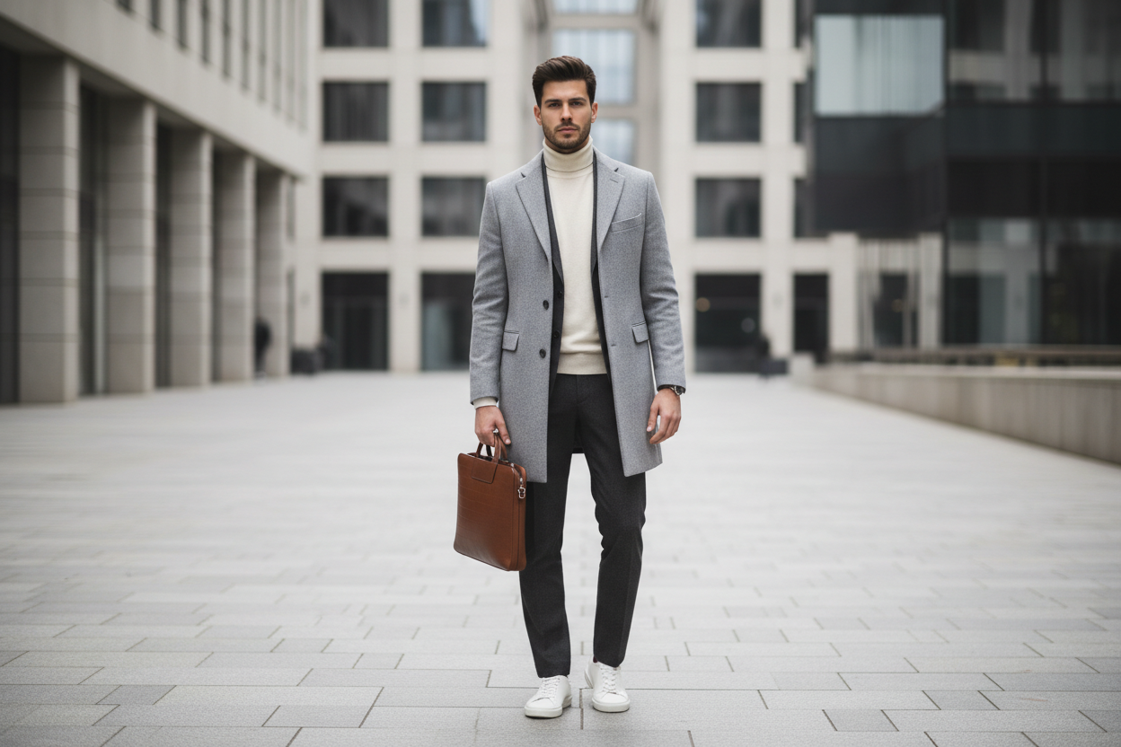 A stylish male fashion model wearing modern men’s clothing, standing confidently in a clean urban UK setting, minimalist background, neutral tones, premium menswear aesthetic, soft natural lighting, sharp focus, elegant and modern style, high-end fashion photography, cinematic look, wide composition, suitable for ecommerce homepage hero image