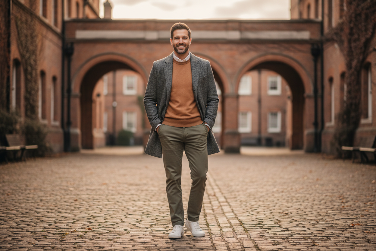 Lifestyle fashion image showing a confident man wearing modern men’s clothing in a relaxed UK environment, natural pose, authentic and approachable mood, clean and minimal background, soft daylight, premium yet relatable menswear brand style, realistic photography, warm tones