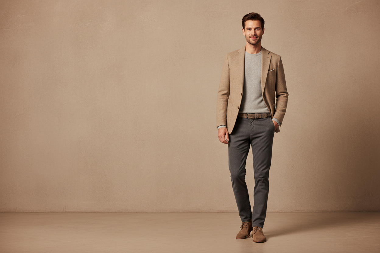 Modern men’s fashion banner featuring a well-dressed male model in casual-smart attire, neutral colour palette, minimalist background, clean and professional ecommerce style, soft studio lighting, contemporary UK fashion brand aesthetic, spacious composition with room for text overlay